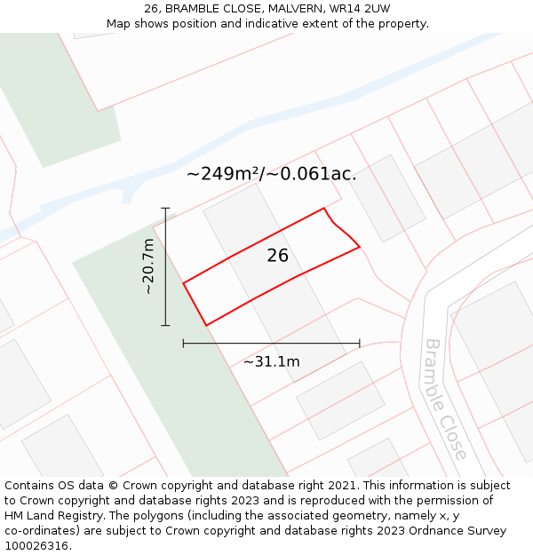 26, BRAMBLE CLOSE, MALVERN, WR14 2UW: Plot and title map