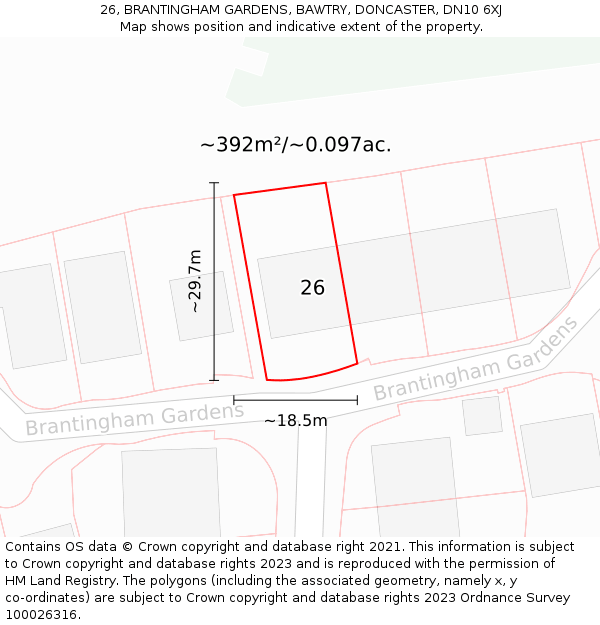 26, BRANTINGHAM GARDENS, BAWTRY, DONCASTER, DN10 6XJ: Plot and title map
