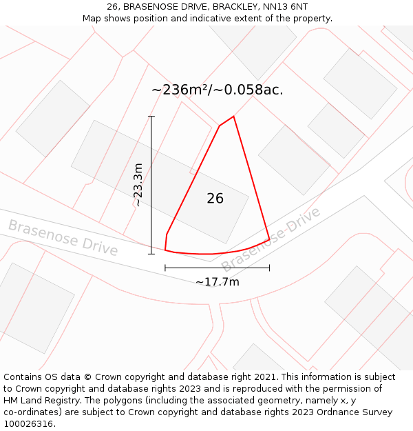 26, BRASENOSE DRIVE, BRACKLEY, NN13 6NT: Plot and title map