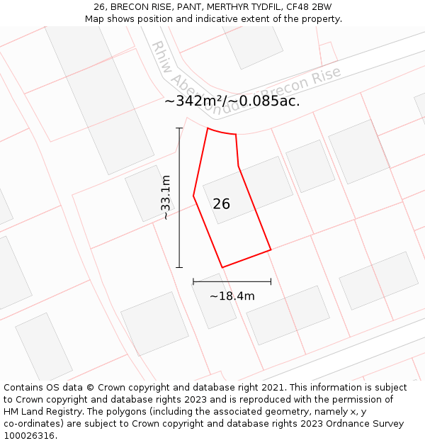 26, BRECON RISE, PANT, MERTHYR TYDFIL, CF48 2BW: Plot and title map