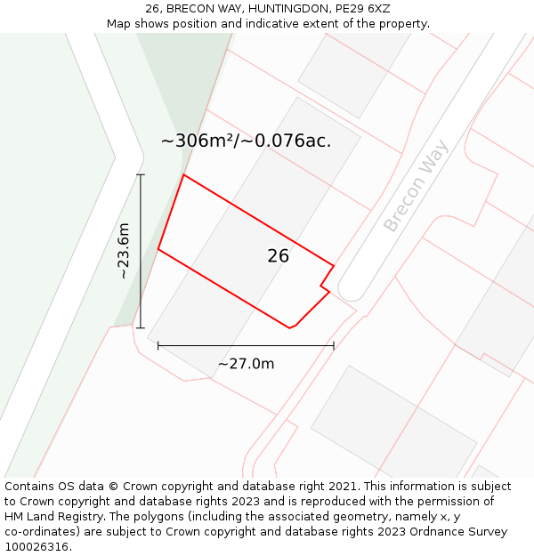 26, BRECON WAY, HUNTINGDON, PE29 6XZ: Plot and title map