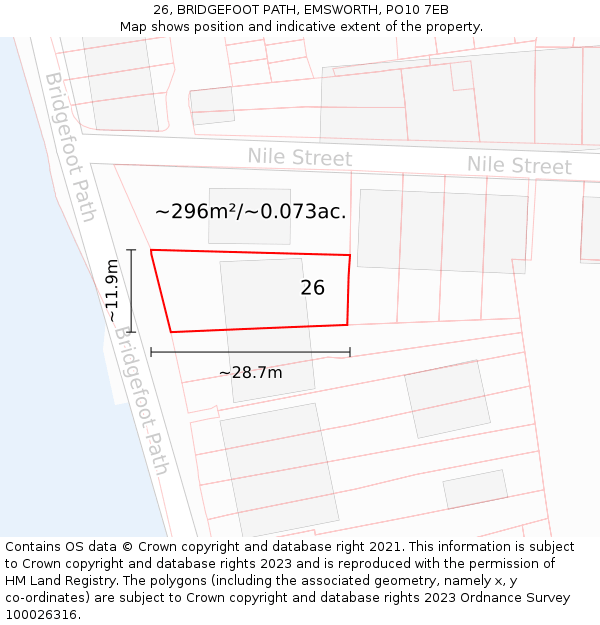 26, BRIDGEFOOT PATH, EMSWORTH, PO10 7EB: Plot and title map