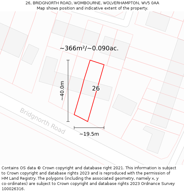 26, BRIDGNORTH ROAD, WOMBOURNE, WOLVERHAMPTON, WV5 0AA: Plot and title map
