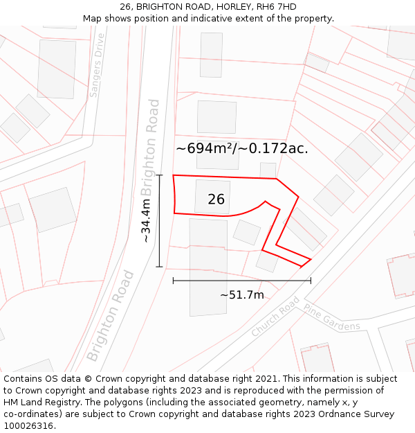 26, BRIGHTON ROAD, HORLEY, RH6 7HD: Plot and title map