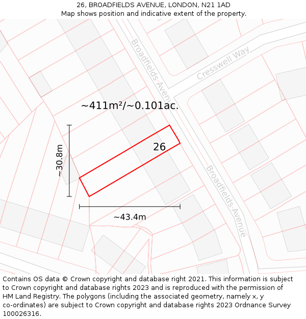 26, BROADFIELDS AVENUE, LONDON, N21 1AD: Plot and title map
