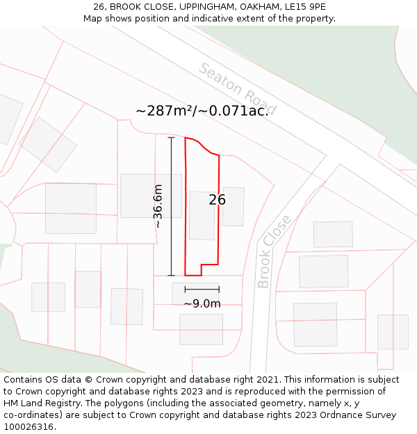 26, BROOK CLOSE, UPPINGHAM, OAKHAM, LE15 9PE: Plot and title map
