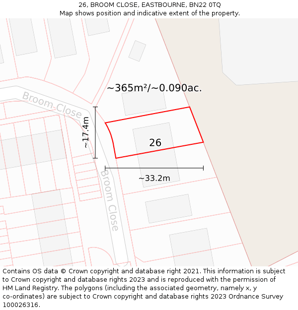 26, BROOM CLOSE, EASTBOURNE, BN22 0TQ: Plot and title map