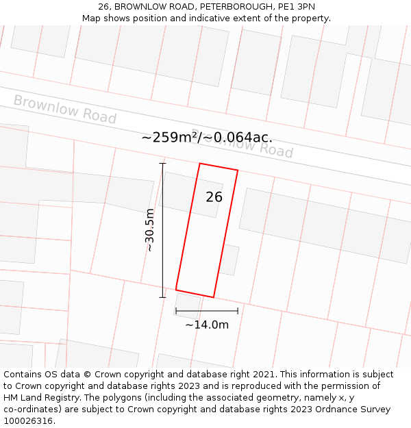 26, BROWNLOW ROAD, PETERBOROUGH, PE1 3PN: Plot and title map