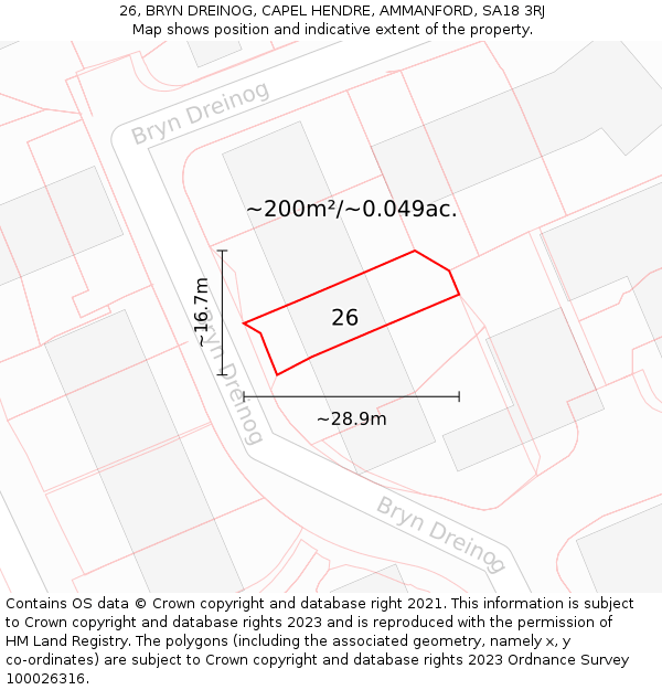 26, BRYN DREINOG, CAPEL HENDRE, AMMANFORD, SA18 3RJ: Plot and title map