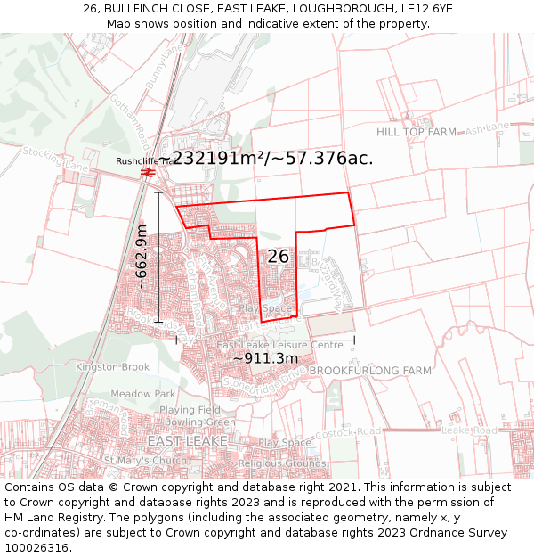 26, BULLFINCH CLOSE, EAST LEAKE, LOUGHBOROUGH, LE12 6YE: Plot and title map
