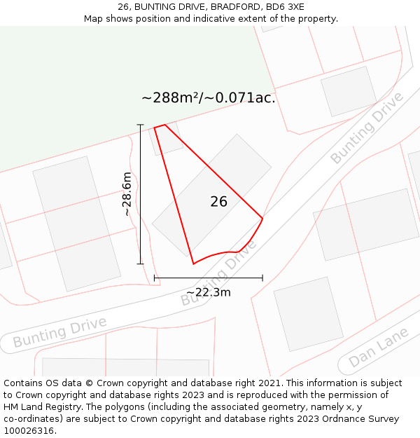 26, BUNTING DRIVE, BRADFORD, BD6 3XE: Plot and title map