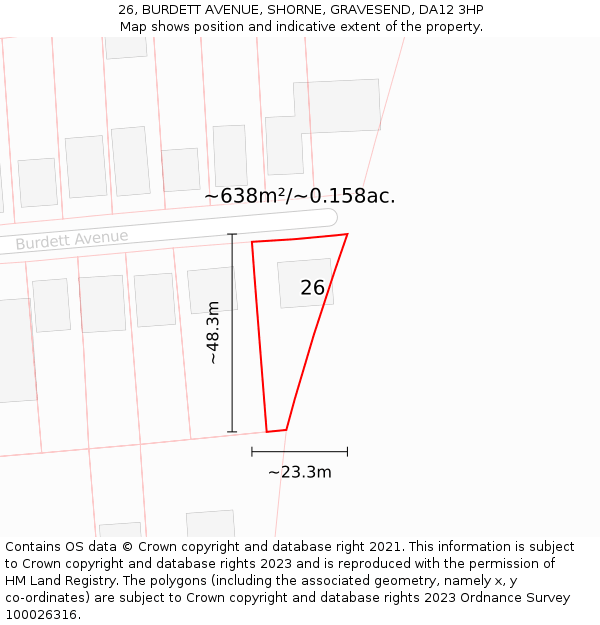 26, BURDETT AVENUE, SHORNE, GRAVESEND, DA12 3HP: Plot and title map