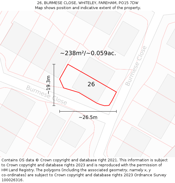 26, BURMESE CLOSE, WHITELEY, FAREHAM, PO15 7DW: Plot and title map