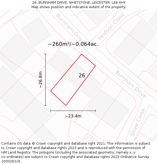 26, BURNHAM DRIVE, WHETSTONE, LEICESTER, LE8 6HY: Plot and title map