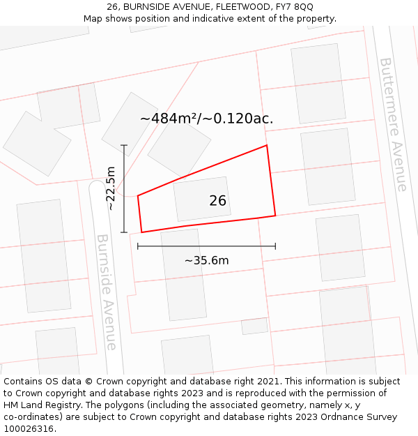 26, BURNSIDE AVENUE, FLEETWOOD, FY7 8QQ: Plot and title map
