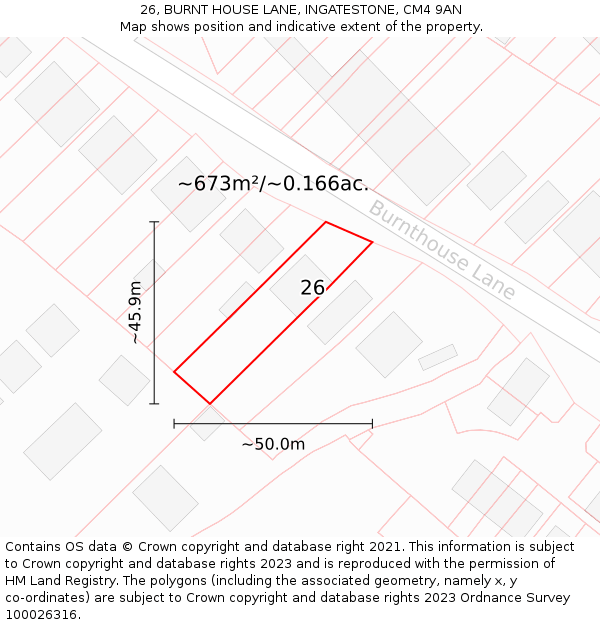26, BURNT HOUSE LANE, INGATESTONE, CM4 9AN: Plot and title map