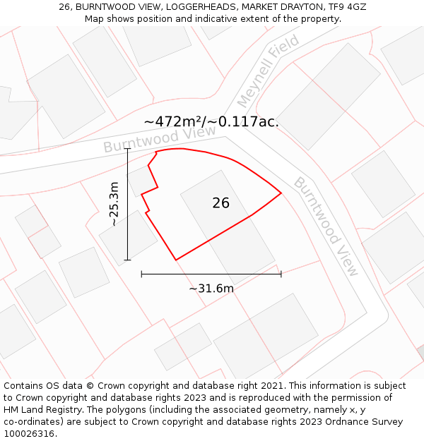 26, BURNTWOOD VIEW, LOGGERHEADS, MARKET DRAYTON, TF9 4GZ: Plot and title map