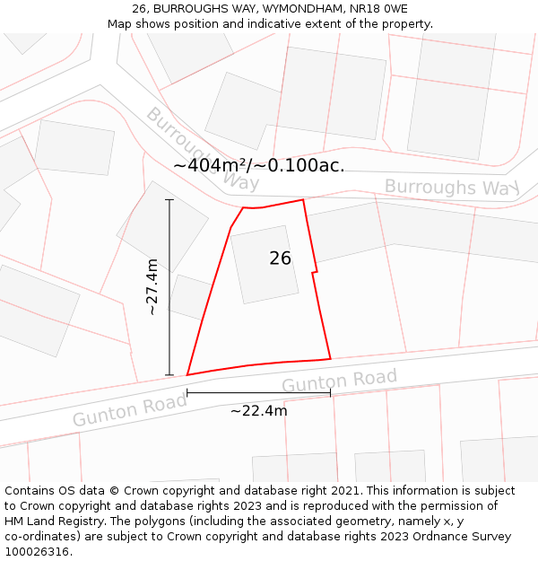 26, BURROUGHS WAY, WYMONDHAM, NR18 0WE: Plot and title map