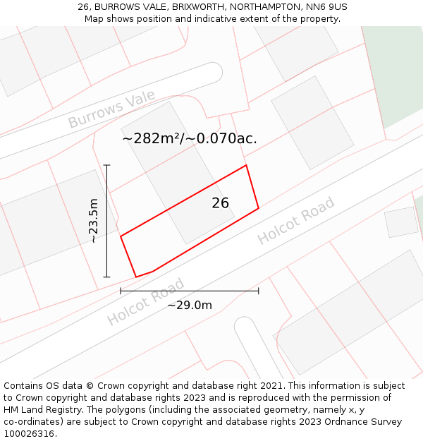 26, BURROWS VALE, BRIXWORTH, NORTHAMPTON, NN6 9US: Plot and title map