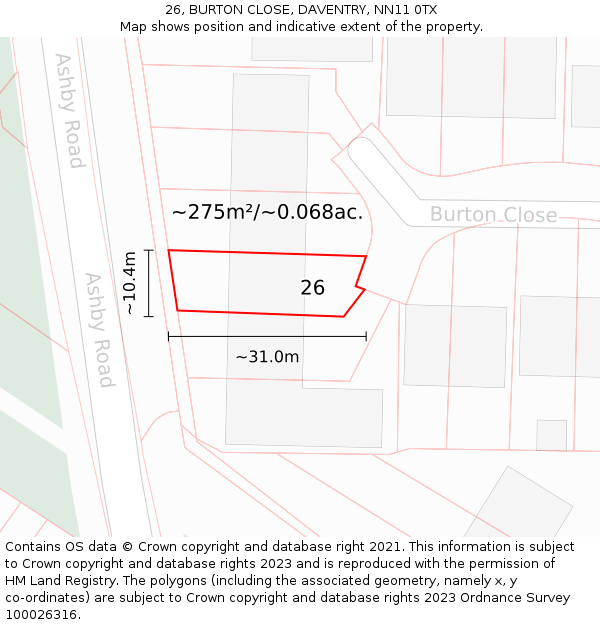 26, BURTON CLOSE, DAVENTRY, NN11 0TX: Plot and title map