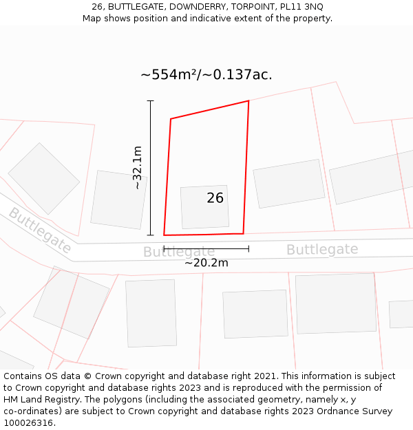 26, BUTTLEGATE, DOWNDERRY, TORPOINT, PL11 3NQ: Plot and title map