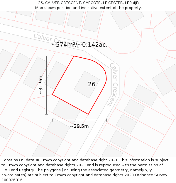 26, CALVER CRESCENT, SAPCOTE, LEICESTER, LE9 4JB: Plot and title map