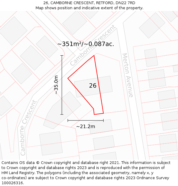 26, CAMBORNE CRESCENT, RETFORD, DN22 7RD: Plot and title map