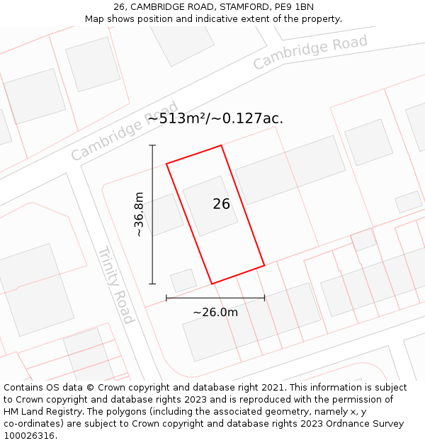 26, CAMBRIDGE ROAD, STAMFORD, PE9 1BN: Plot and title map