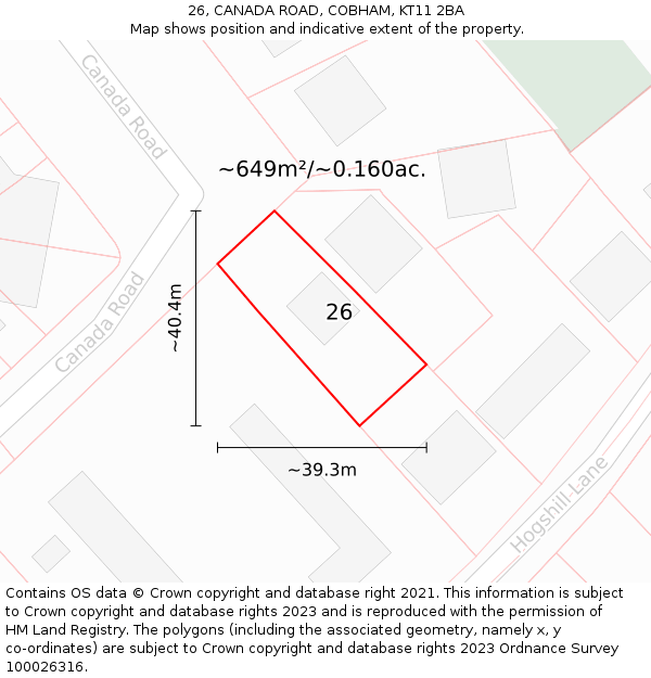 26, CANADA ROAD, COBHAM, KT11 2BA: Plot and title map