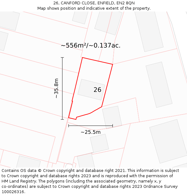 26, CANFORD CLOSE, ENFIELD, EN2 8QN: Plot and title map