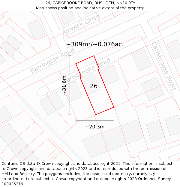 26, CARISBROOKE ROAD, RUSHDEN, NN10 0TA: Plot and title map