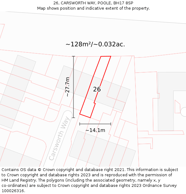 26, CARSWORTH WAY, POOLE, BH17 8SP: Plot and title map
