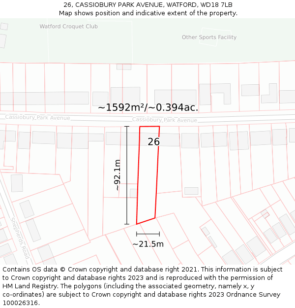 26, CASSIOBURY PARK AVENUE, WATFORD, WD18 7LB: Plot and title map
