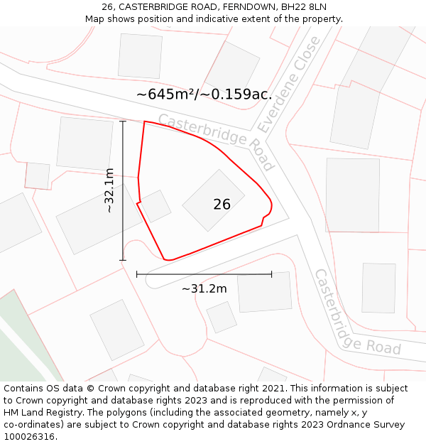 26, CASTERBRIDGE ROAD, FERNDOWN, BH22 8LN: Plot and title map