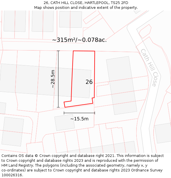 26, CATH HILL CLOSE, HARTLEPOOL, TS25 2FD: Plot and title map
