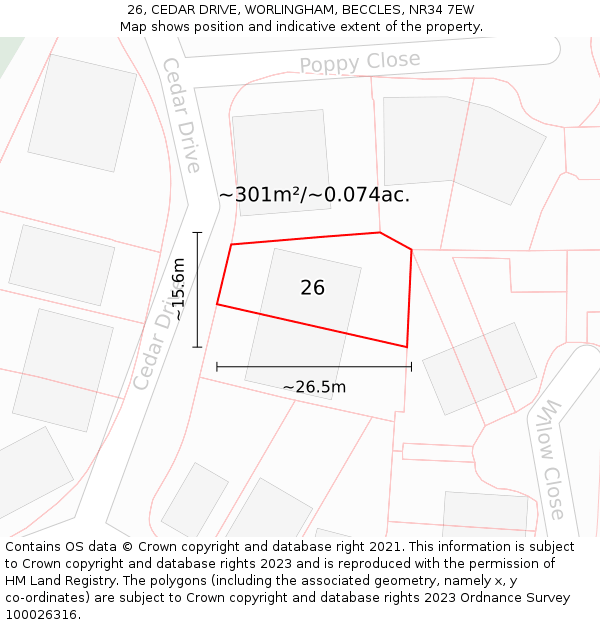 26, CEDAR DRIVE, WORLINGHAM, BECCLES, NR34 7EW: Plot and title map