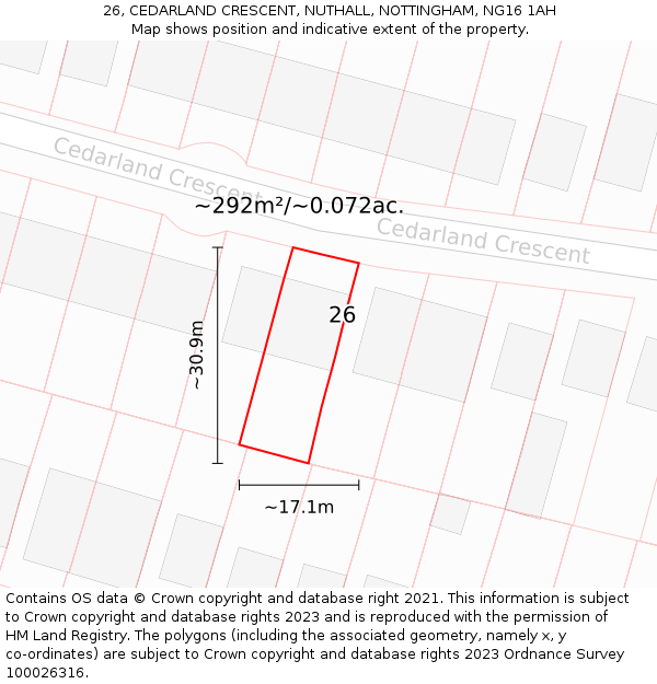26, CEDARLAND CRESCENT, NUTHALL, NOTTINGHAM, NG16 1AH: Plot and title map
