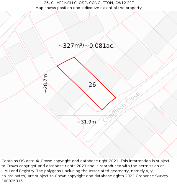 26, CHAFFINCH CLOSE, CONGLETON, CW12 3FE: Plot and title map