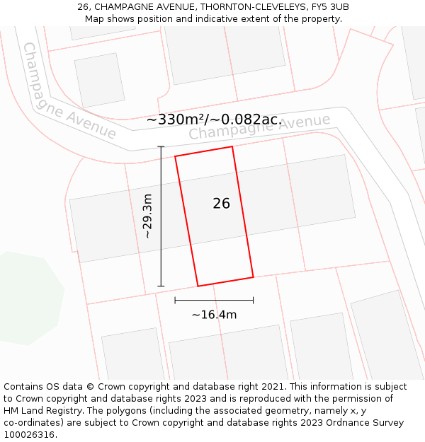 26, CHAMPAGNE AVENUE, THORNTON-CLEVELEYS, FY5 3UB: Plot and title map