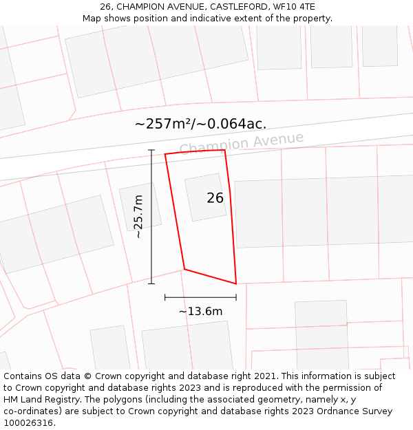 26, CHAMPION AVENUE, CASTLEFORD, WF10 4TE: Plot and title map