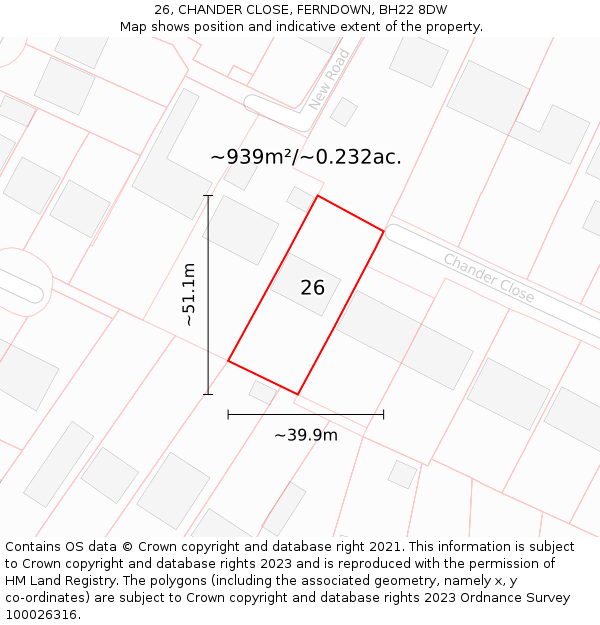 26, CHANDER CLOSE, FERNDOWN, BH22 8DW: Plot and title map