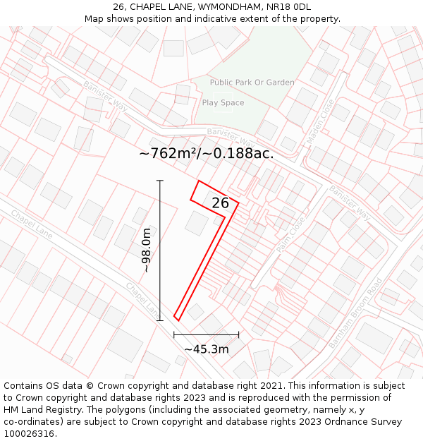 26, CHAPEL LANE, WYMONDHAM, NR18 0DL: Plot and title map