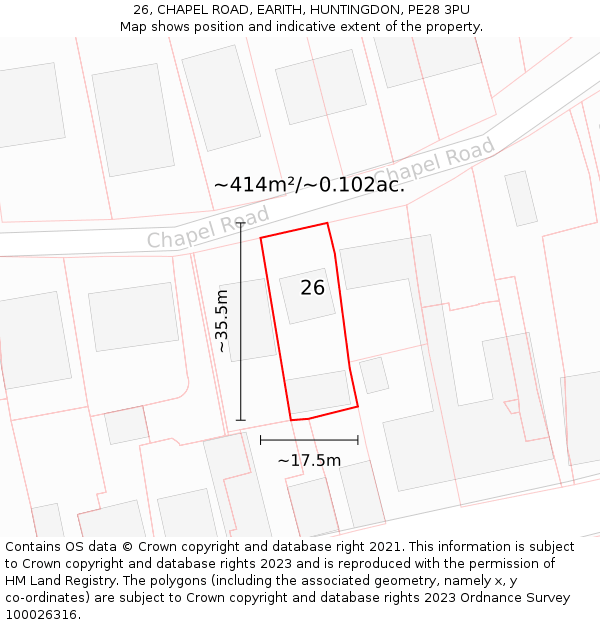 26, CHAPEL ROAD, EARITH, HUNTINGDON, PE28 3PU: Plot and title map