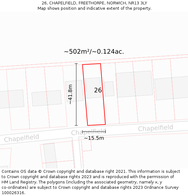 26, CHAPELFIELD, FREETHORPE, NORWICH, NR13 3LY: Plot and title map