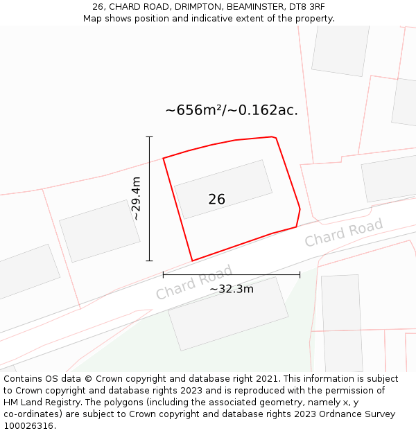 26, CHARD ROAD, DRIMPTON, BEAMINSTER, DT8 3RF: Plot and title map