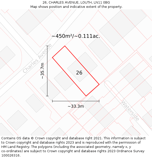 26, CHARLES AVENUE, LOUTH, LN11 0BG: Plot and title map