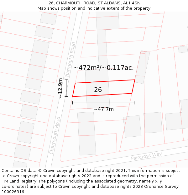 26, CHARMOUTH ROAD, ST ALBANS, AL1 4SN: Plot and title map
