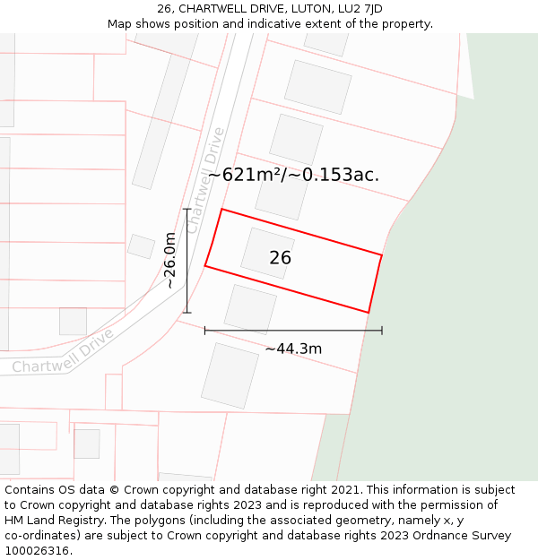 26, CHARTWELL DRIVE, LUTON, LU2 7JD: Plot and title map