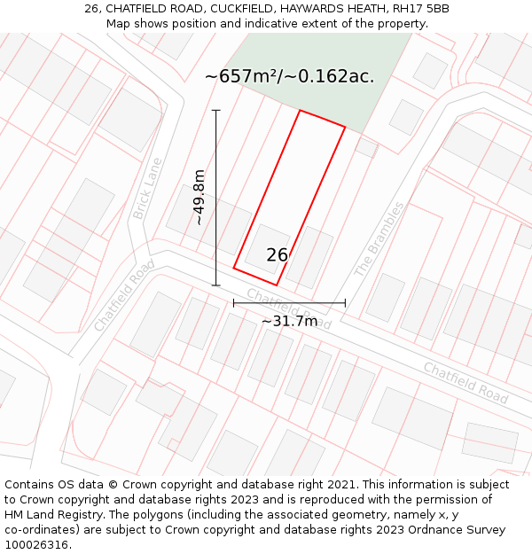 26, CHATFIELD ROAD, CUCKFIELD, HAYWARDS HEATH, RH17 5BB: Plot and title map