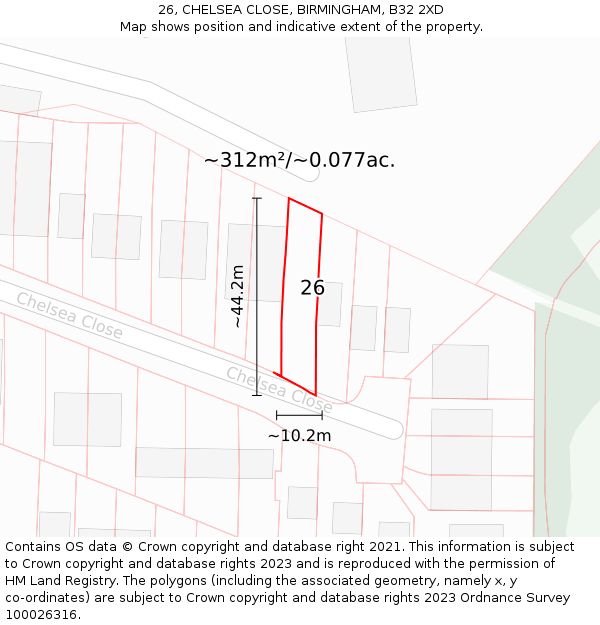 26, CHELSEA CLOSE, BIRMINGHAM, B32 2XD: Plot and title map